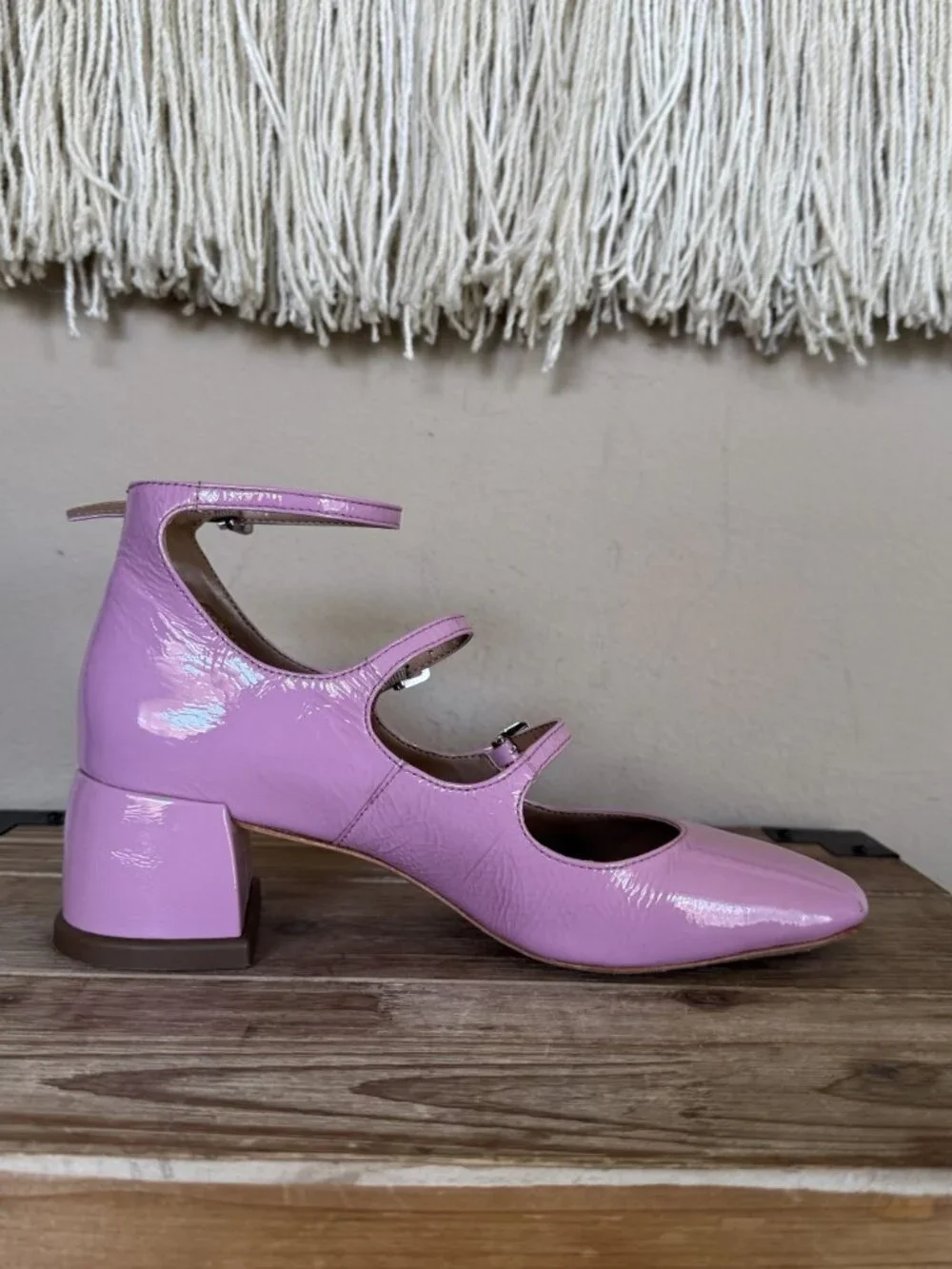 Anthropologie Vincenza Pink Patent Leather Triple Strap Mary Jane Block Heels 6